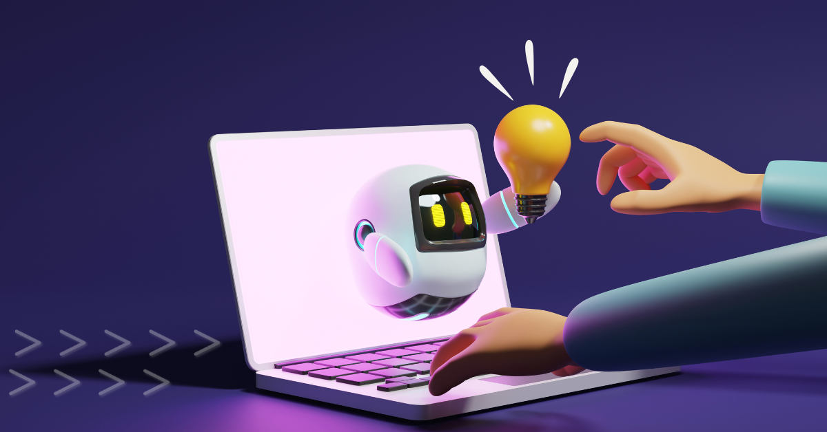 graphic of cute robot reaching out of a laptop screen to share a lightbulb with the user