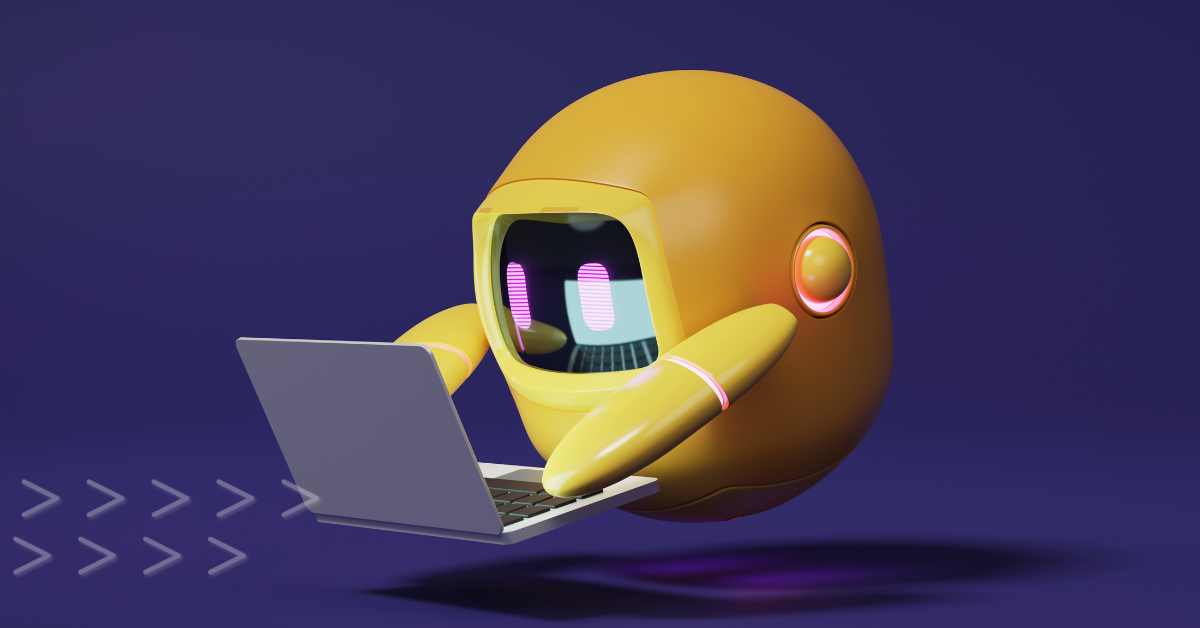 Cute yellow robot with bright laptop screen reflecting off of visor